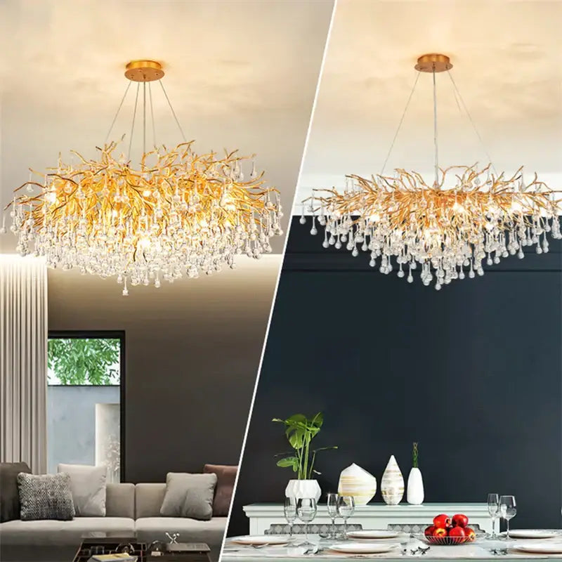 Modern golden branch crystal led ceiling chandelier with dangling crystal droplets for living room decorbites crystal led