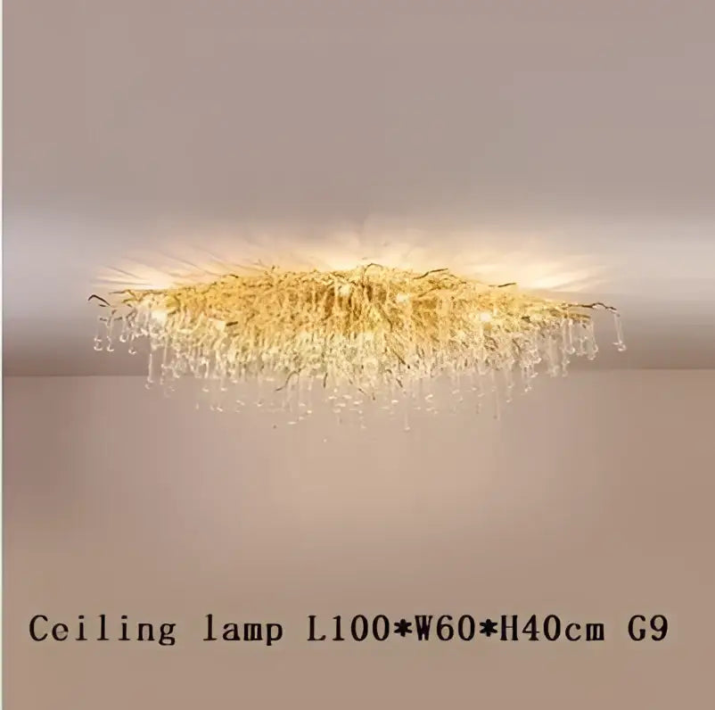 Modern golden branch decorbites crystal led chandelier with cascading glass droplets and radiant sunburst design for living room