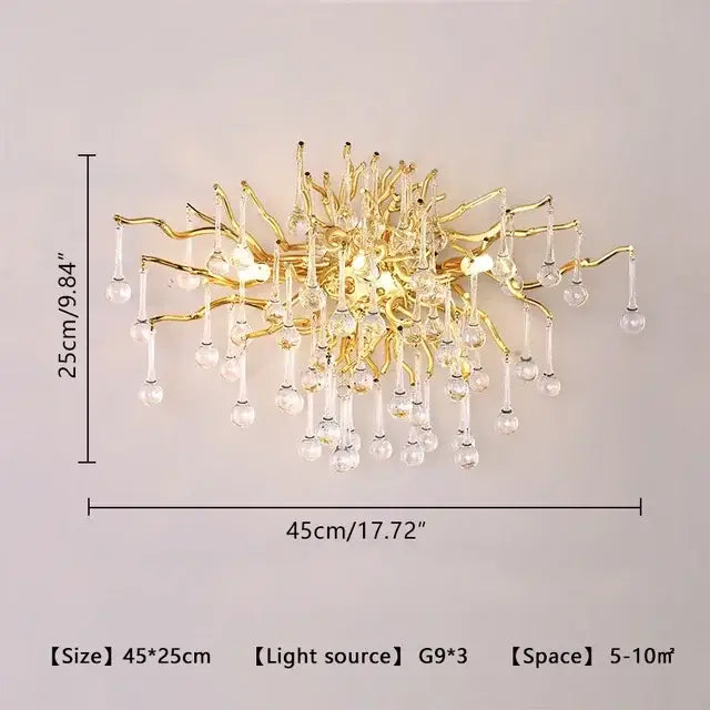 Modern golden branch decorbites crystal led chandelier with intricate arms and dangling crystal droplets for living room decor