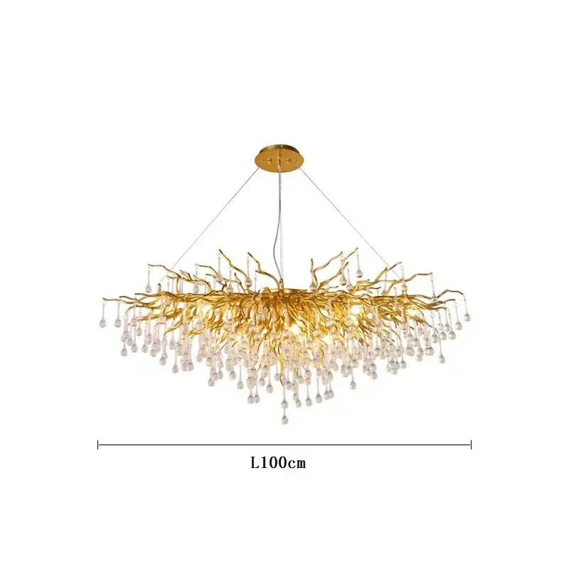 Modern golden branch crystal led chandelier with dangling droplets for living room decorbites crystal led lighting