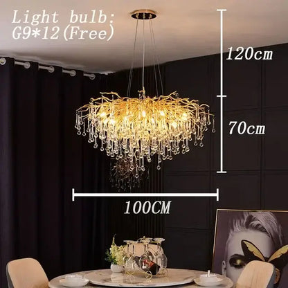 Modern golden branch crystal led chandelier with dangling droplets for living room decorbites crystal led lighting