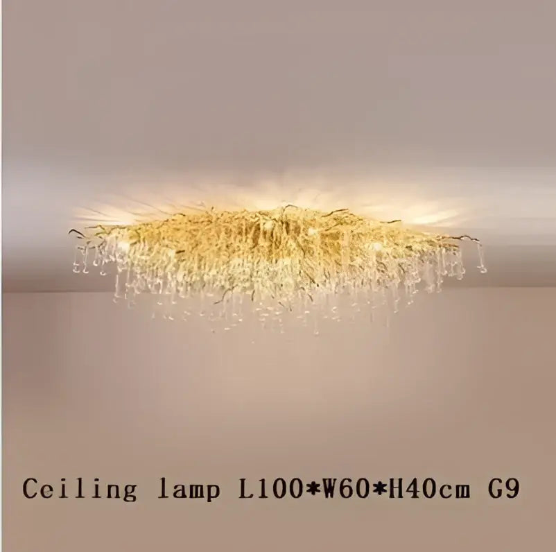 Modern golden branch crystal led living room chandelier with cascading crystal droplets and sunburst decorbites crystal led design