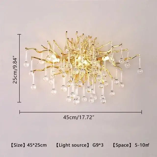 Modern golden branch crystal led living room chandelier with intricate gold-toned arms and decorbites crystal led pendants