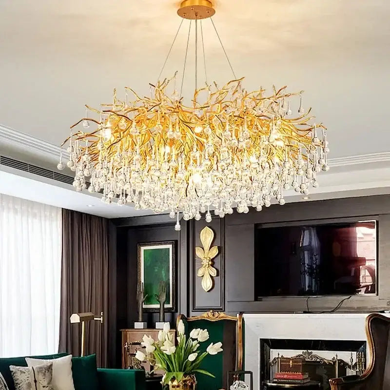 Modern golden branch crystal led living room chandelier with cascading clear crystal droplets decorbites crystal led decor