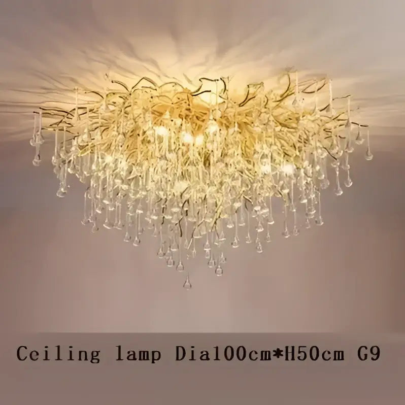 Modern golden branch crystal led living room chandelier with cascading teardrop pendants and intricate wireframe decorbites crystal led