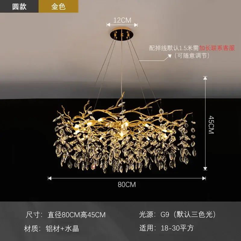Modern golden branch led ceiling chandelier with crystal leaves and metallic frame for living room decorbites golden branch design