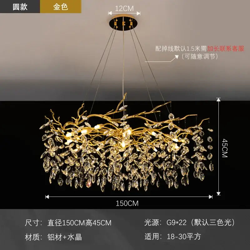 Modern golden branch led ceiling chandelier with crystal accents made of aluminum and 水晶 for living room decorbites golden branch