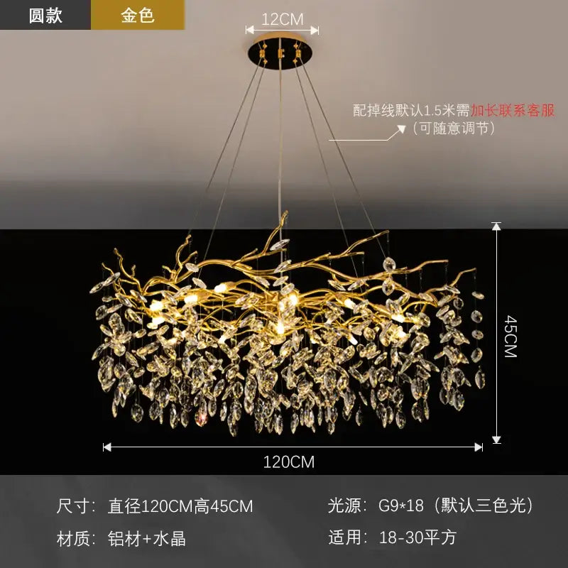 Modern golden branch led ceiling chandelier made of aluminum and crystal with decorbites golden branch design for living room decor