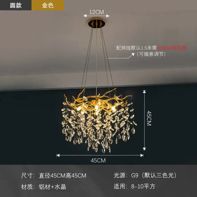 Modern golden branch led ceiling chandelier with aluminum frame and crystal droplets for decorbites golden branch decor