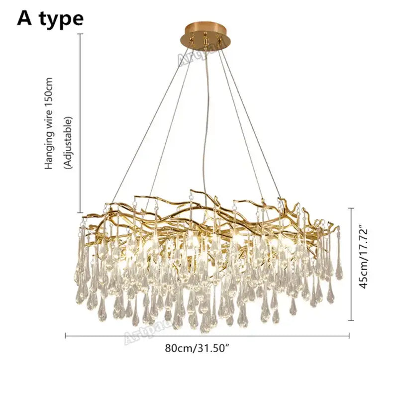Modern golden branch led ceiling chandelier with gold-toned metal frame and dangling crystal teardrop pendants for decorbites golden branch lighting