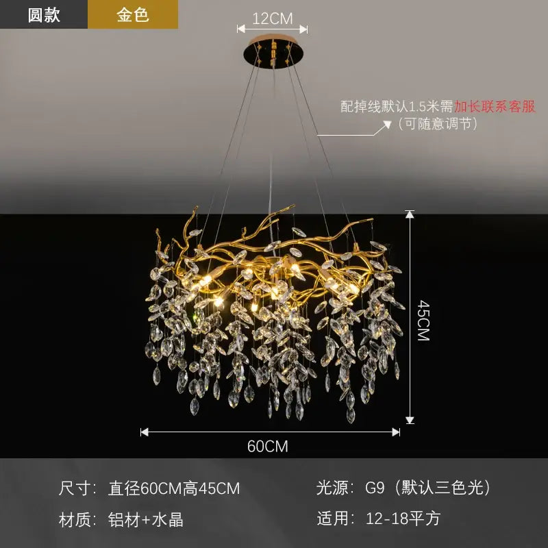 Modern golden branch led ceiling chandelier with intricate aluminum frame and crystal droplets for living room decorbites golden branch
