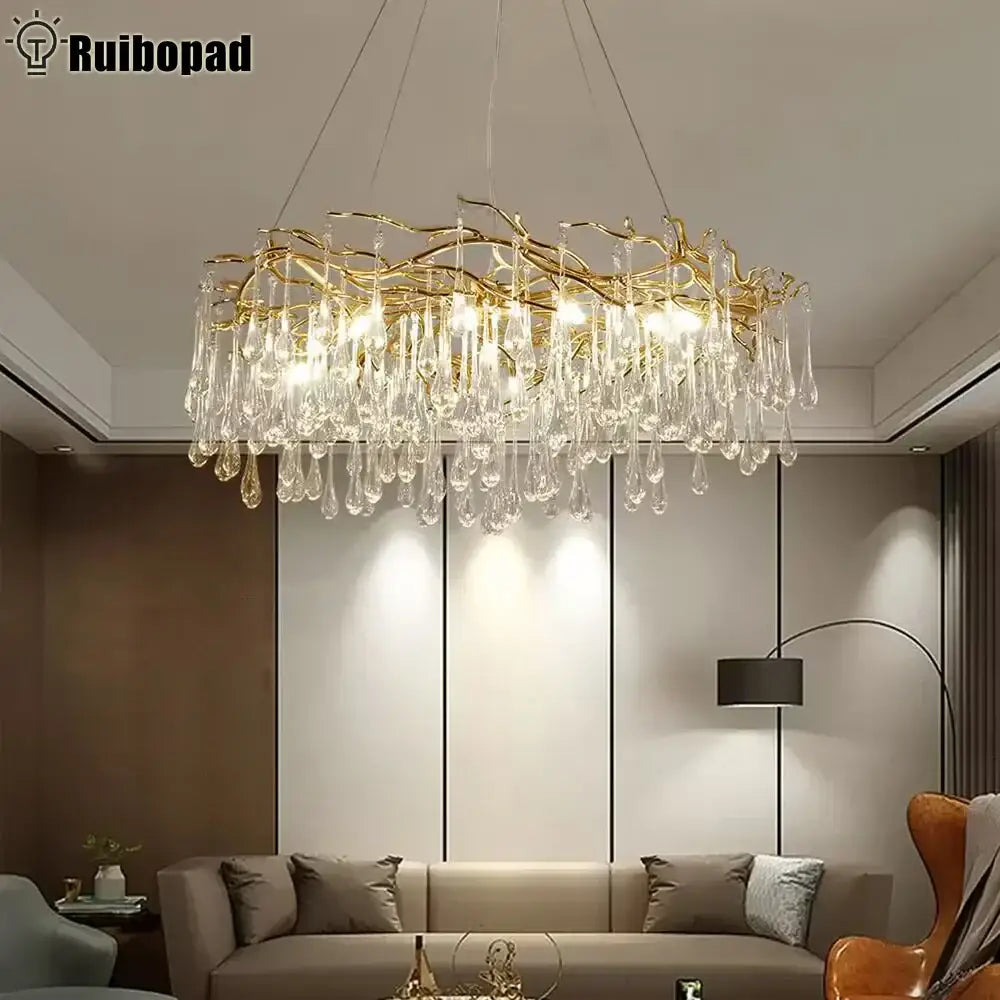 Modern golden branch led ceiling chandelier with gold-toned branch design and crystal teardrop pendants for living room decorbites golden branch