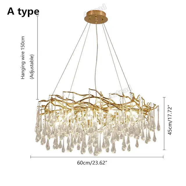 Modern golden branch led ceiling chandelier with a gold-toned metal frame and crystal teardrop pendants decorbites golden branch