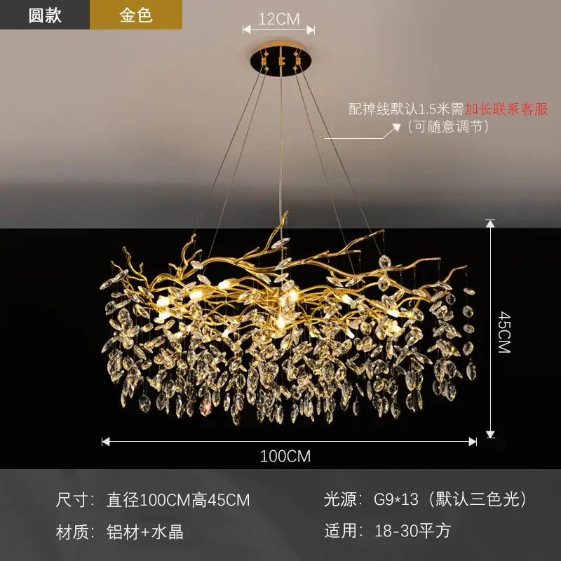 Modern golden branch led ceiling chandelier with crystal droplets made of aluminum and crystal for living room decorbites golden branch