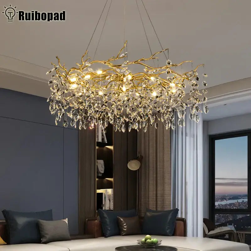 Modern golden branch led ceiling chandelier with gold-toned branch design and crystal droplets for living room decorbites golden branch