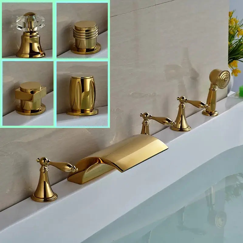 Modern golden brass bathtub faucet with handheld shower and multiple handles for hot and cold water control decorbites golden brass