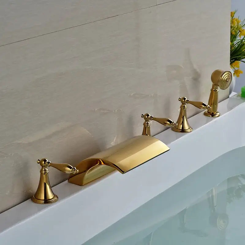 Modern golden brass bathtub faucet with sleek waterfall spout and two handles by decorbites golden brass bathroom fixture