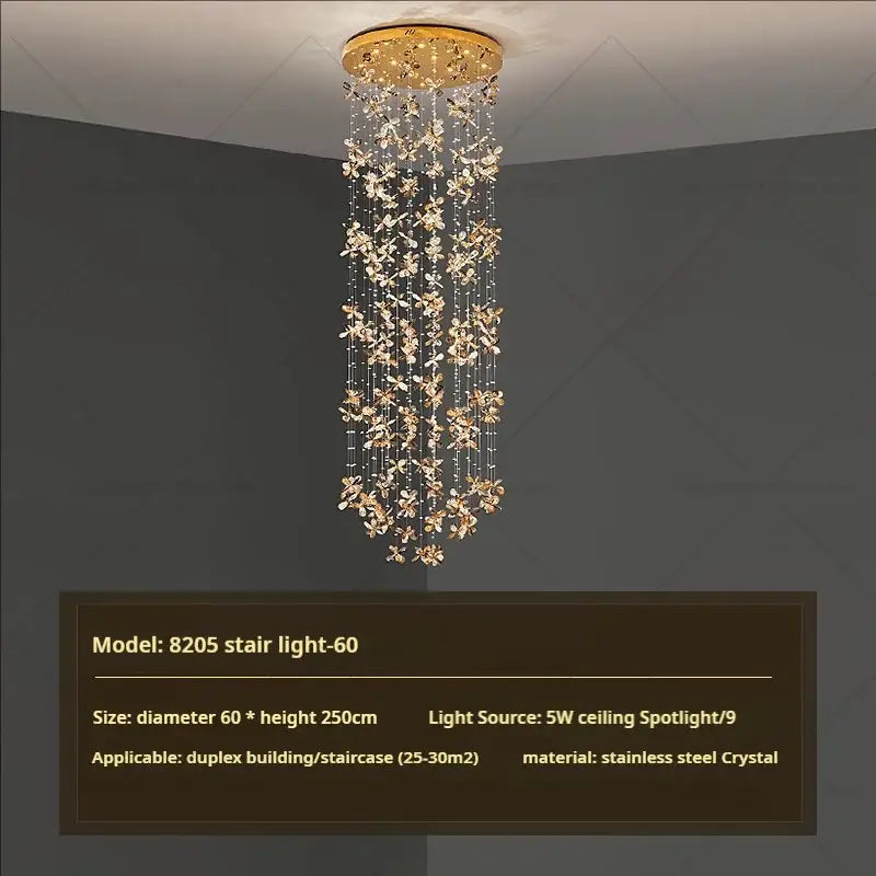 Modern golden butterfly crystal staircase chandelier lighting fixture with gold-toned floral designs and stainless steel accents