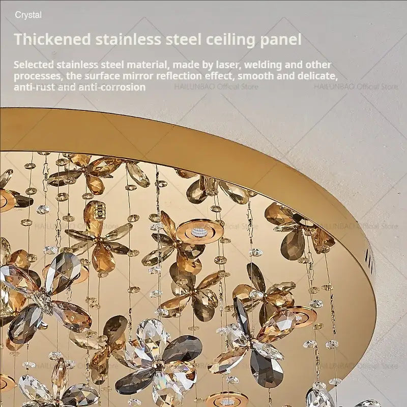 Modern golden butterfly crystal staircase chandelier lighting fixture with gold tone and thickened stainless steel panel