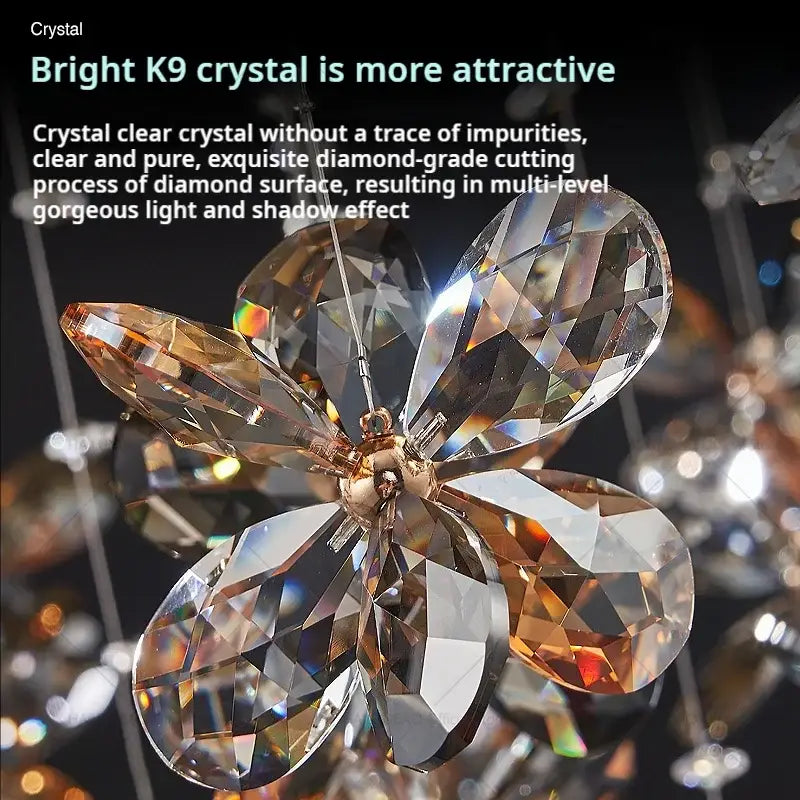 Modern golden butterfly crystal staircase chandelier lighting fixture with bright k9 crystal facets refracting rainbow hues