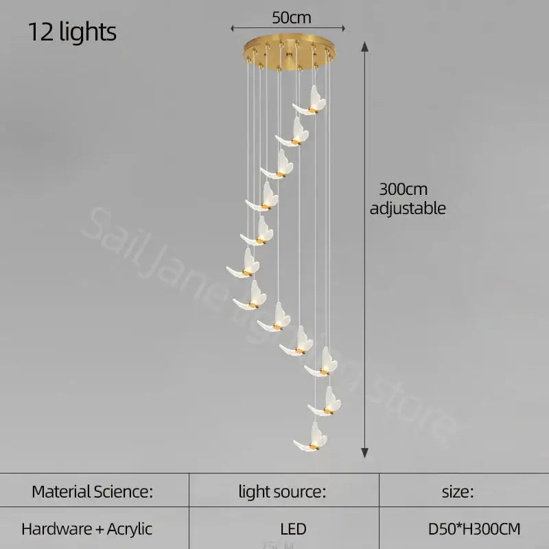 Modern golden butterfly led chandelier with 12 white acrylic butterfly lights and gold-toned circular base by decorbites