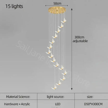 Modern golden butterfly led chandelier with 15 cascading led lights on clear cords from a gold-toned circular base
