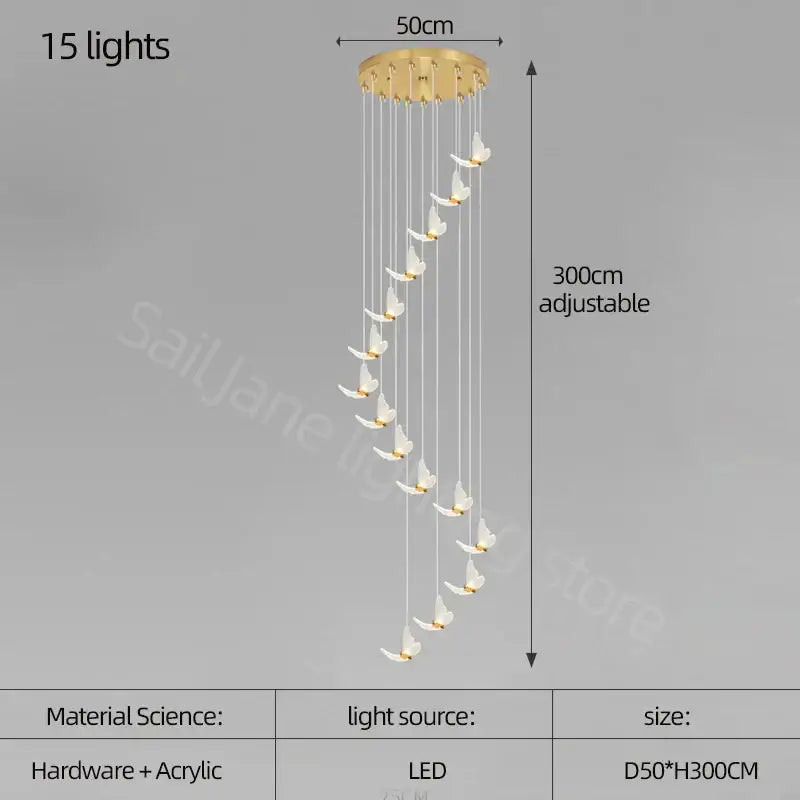 Modern golden butterfly led chandelier with 15 cascading led lights on clear cords from a gold-toned circular base