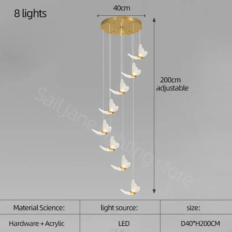 Modern golden butterfly led chandelier with eight white acrylic butterfly led lights on adjustable gold-toned cords