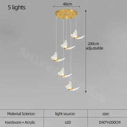 Modern golden butterfly led chandelier with five white acrylic butterfly lights suspended by thin cords for living room decorbites golden butterfly