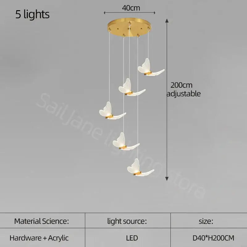 Modern golden butterfly led chandelier with five white acrylic butterfly lights suspended by thin cords for living room decorbites golden butterfly
