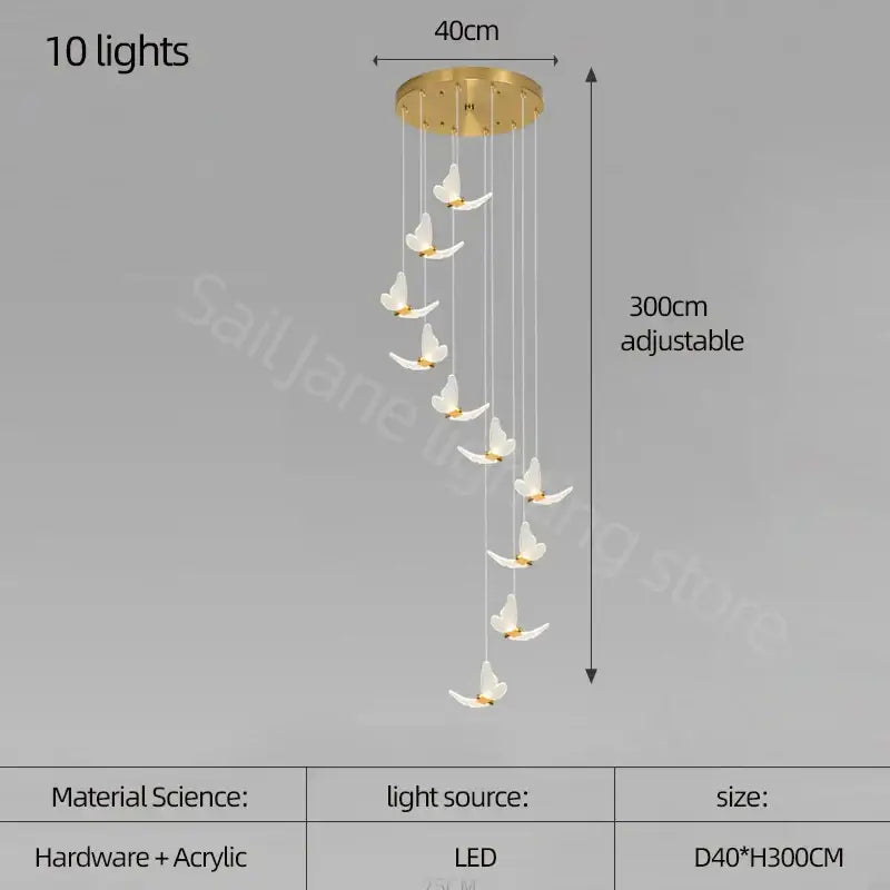 Modern golden butterfly led chandelier with ten white acrylic butterfly lights and gold-toned circular base decorbites