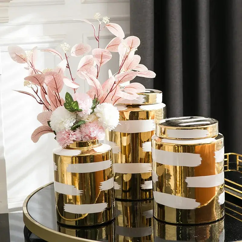 Modern golden ceramic striped jars 3 piece living room storage set with gold and white brushed metallic finish vases