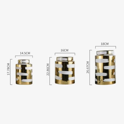 Three golden ceramic striped jars with brushed metallic lids decorbites golden ceramic living room storage set
