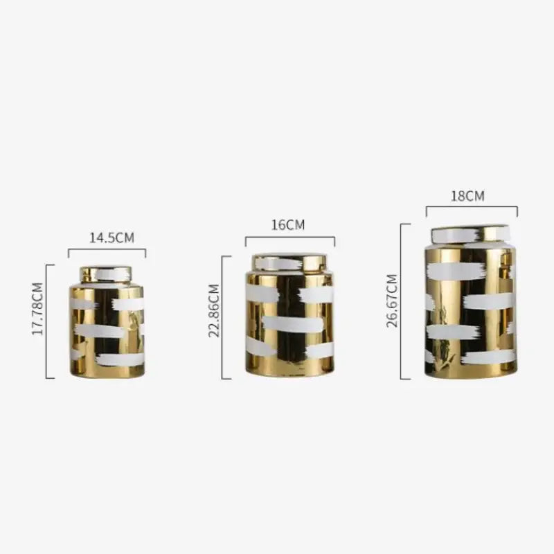 Three golden ceramic striped jars with brushed metallic lids decorbites golden ceramic living room storage set