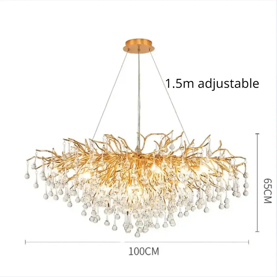 Modern decorbites golden chandelier with intricate branch arms and crystal droplets for dining room decor