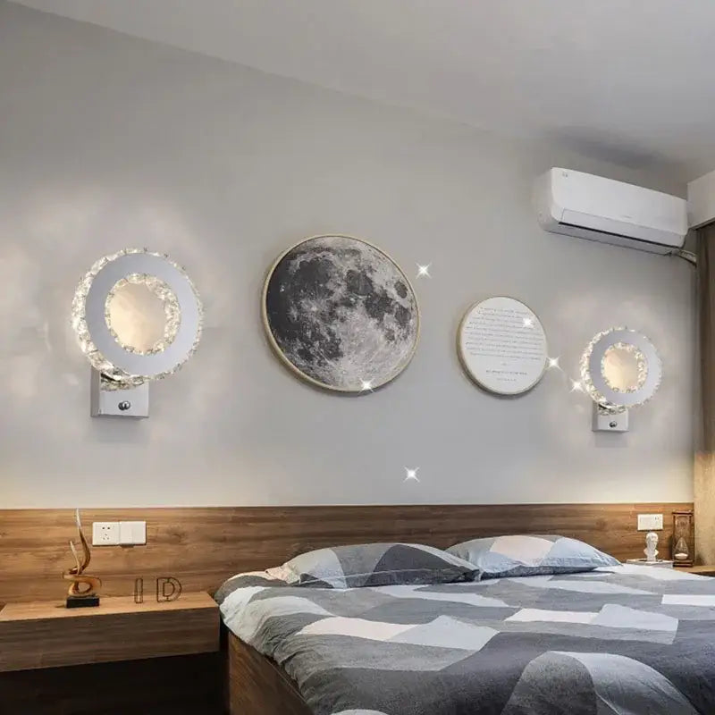 Modern golden chrome crystal led wall sconce with sparkling halo and frosted glass center for bedroom decorbites chrome crystal