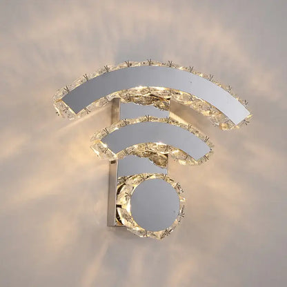 Modern golden chrome crystal led wall sconce with crystal-encrusted wi-fi symbol design and sleek metallic base for bedroom decorbites chrome crystal lighting