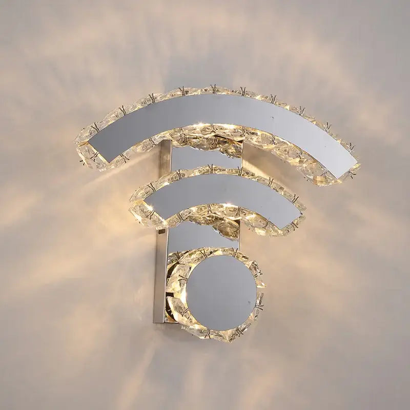 Modern golden chrome crystal led wall sconce with crystal-encrusted wi-fi symbol design and sleek metallic base for bedroom decorbites chrome crystal lighting