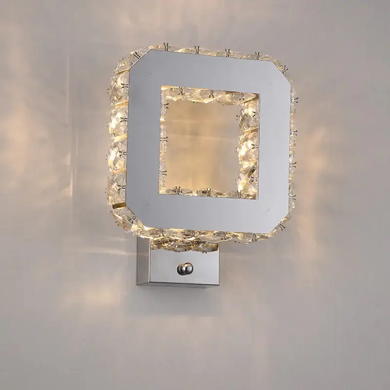Modern golden chrome crystal led wall sconce with square chrome finish and clear faceted crystal decorbites chrome crystal design