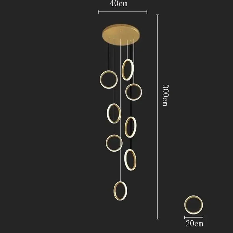 Gold-toned DecorBites™ modern minimalist LED pendant light fixture with circular rings for living and dining rooms