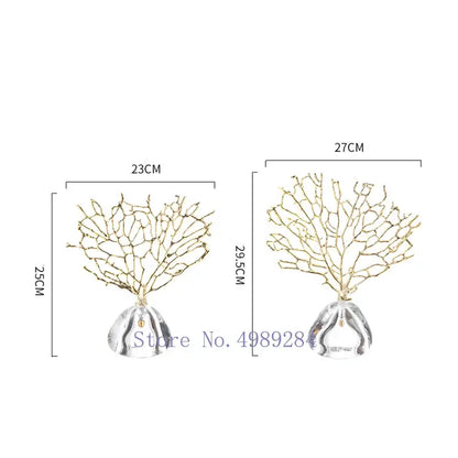 Modern golden coral metal sculptures with clear crystal bases for elegant home decor featuring decorbites crystal metal