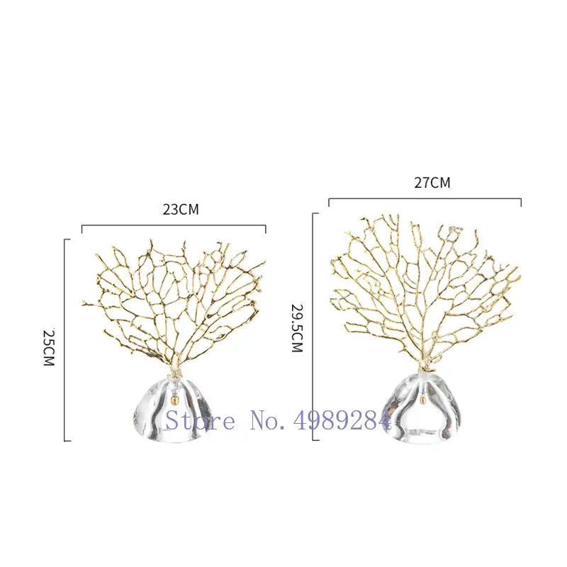 Modern golden coral metal sculptures with clear crystal bases for elegant home decor featuring decorbites crystal metal
