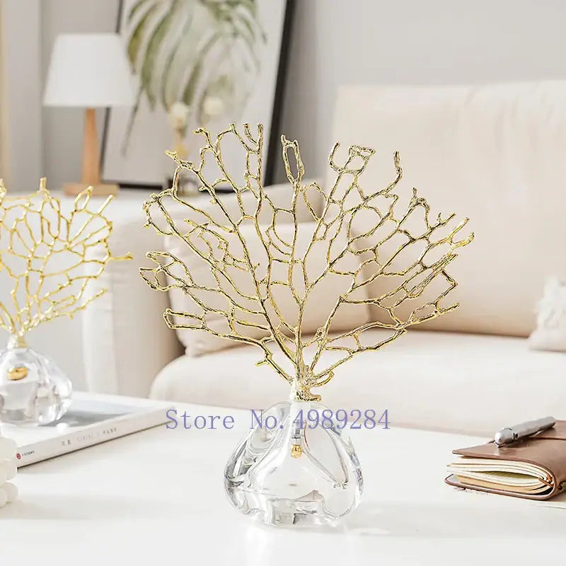 Modern golden coral crystal sculpture with gold metal design and clear glass base for home decor by decorbites crystal metal