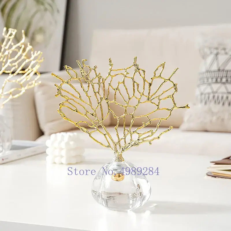 Modern golden coral crystal sculpture with clear glass base for home decor by decorbites crystal metal collection