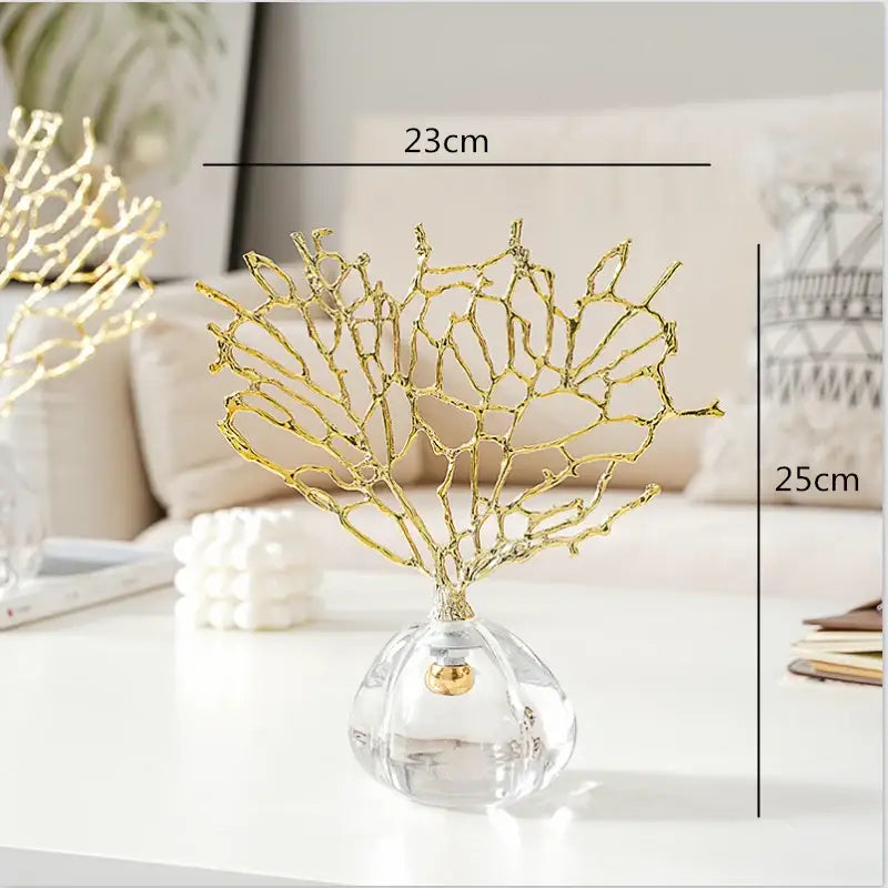 Modern golden coral crystal sculpture with clear glass base for elegant home decor by decorbites crystal metal
