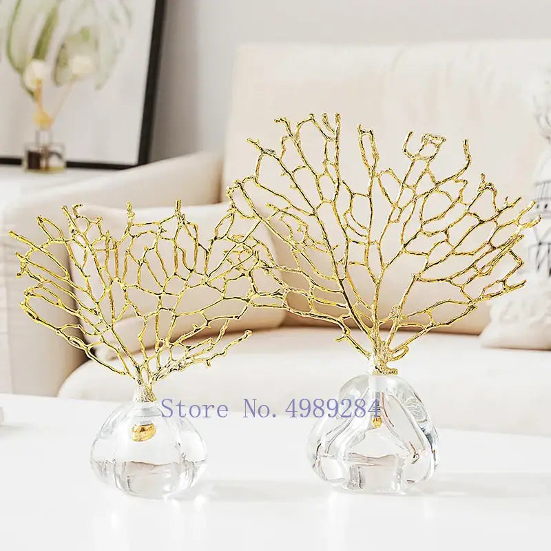 Modern golden coral crystal sculpture with intricate branching mounted on clear glass bases for home decor by decorbites crystal metal