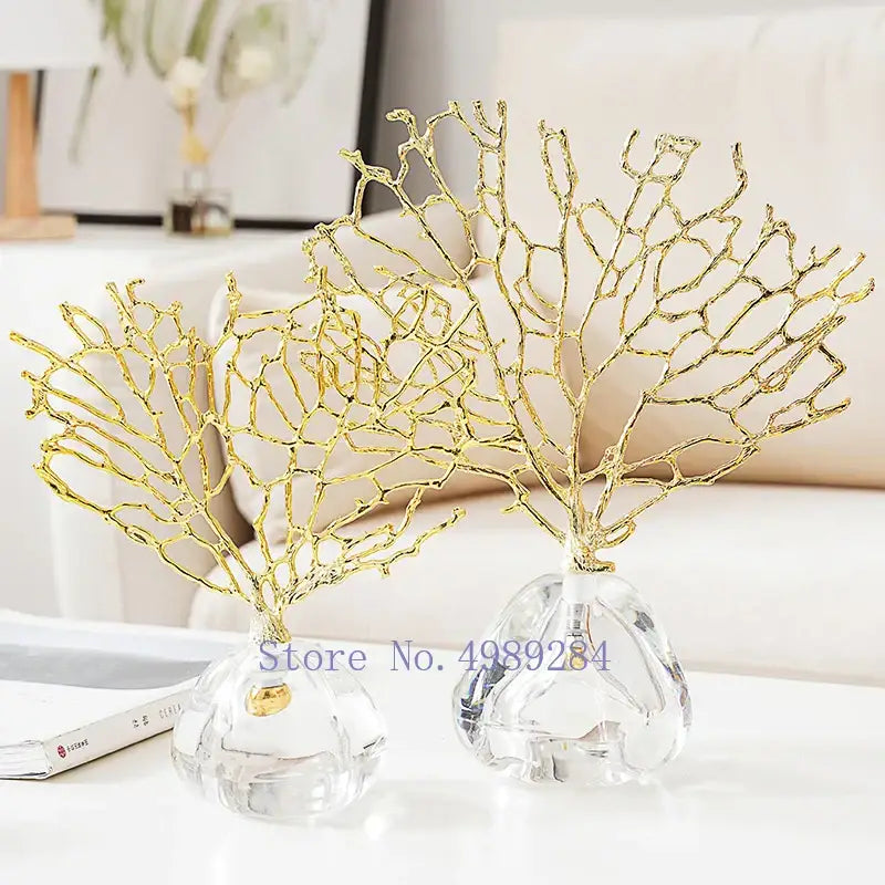 Modern golden coral crystal sculpture with intricate branching on clear bases for elegant home decor by decorbites metal