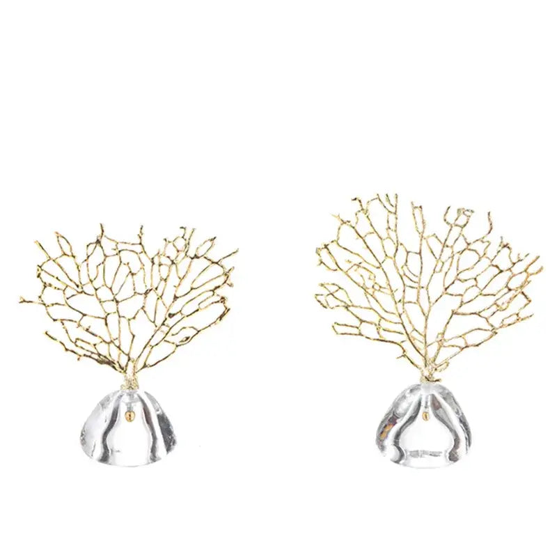 Modern golden coral crystal metal sculpture with clear glass base for elegant living room home decor by decorbites