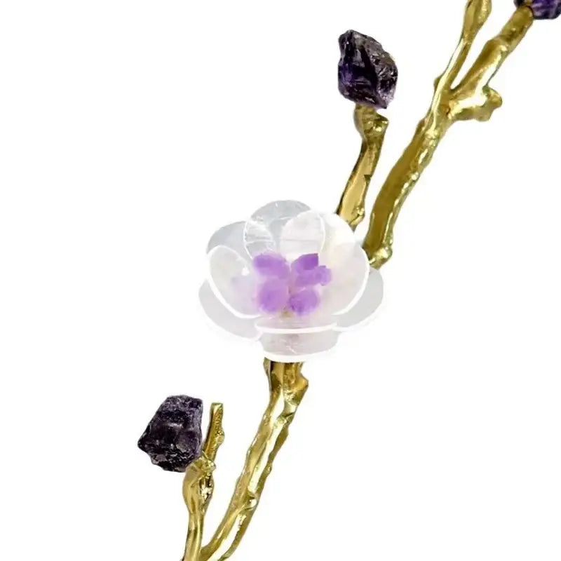 Modern golden crystal flower tree sculpture featuring a gold-toned branch pendant with white and purple flower decorbites crystal flower