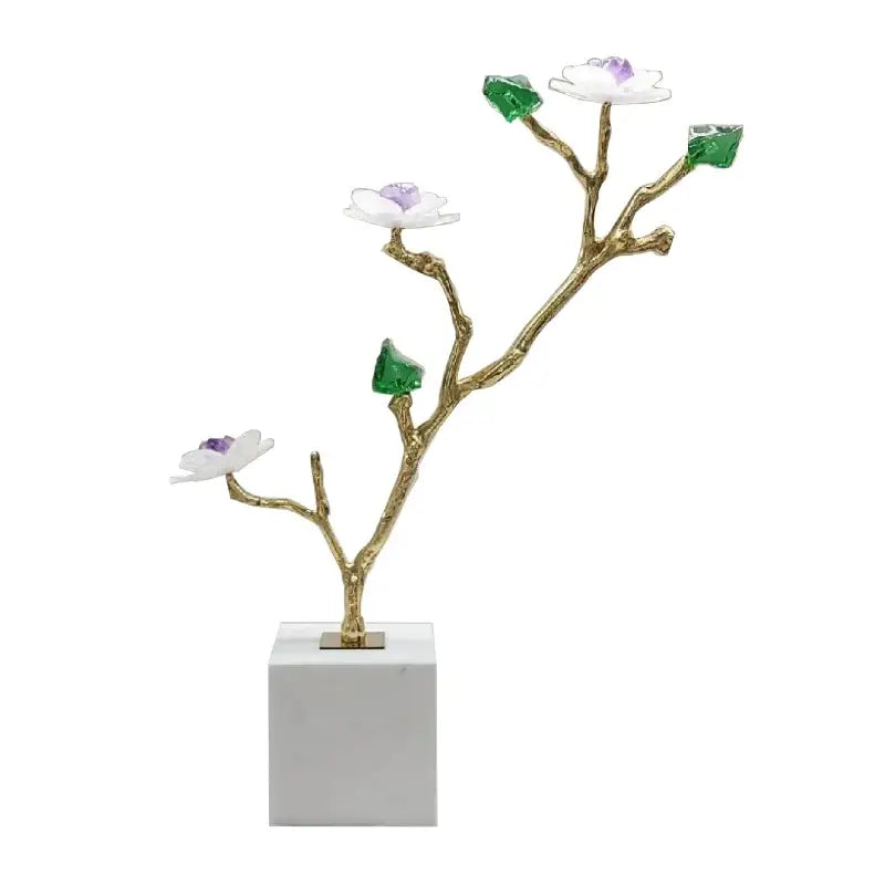 Elegant gold-toned modern crystal flower tree sculpture with white blossoms and purple centers for living room decorbites decor